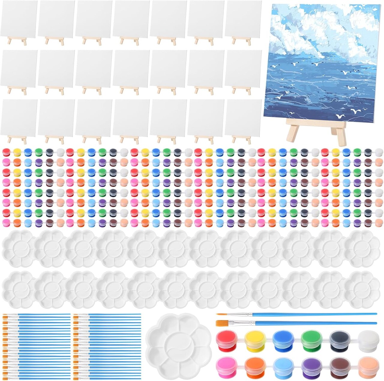 24 Set 6 x 6 Inch Canvas Boards and Easel for Painting, Acrylic Paint Strips, Palettes, Brushes, Canvases Painting Kits for Kids Adults Artists Beginners Oil Acrylic Painting Party Favors